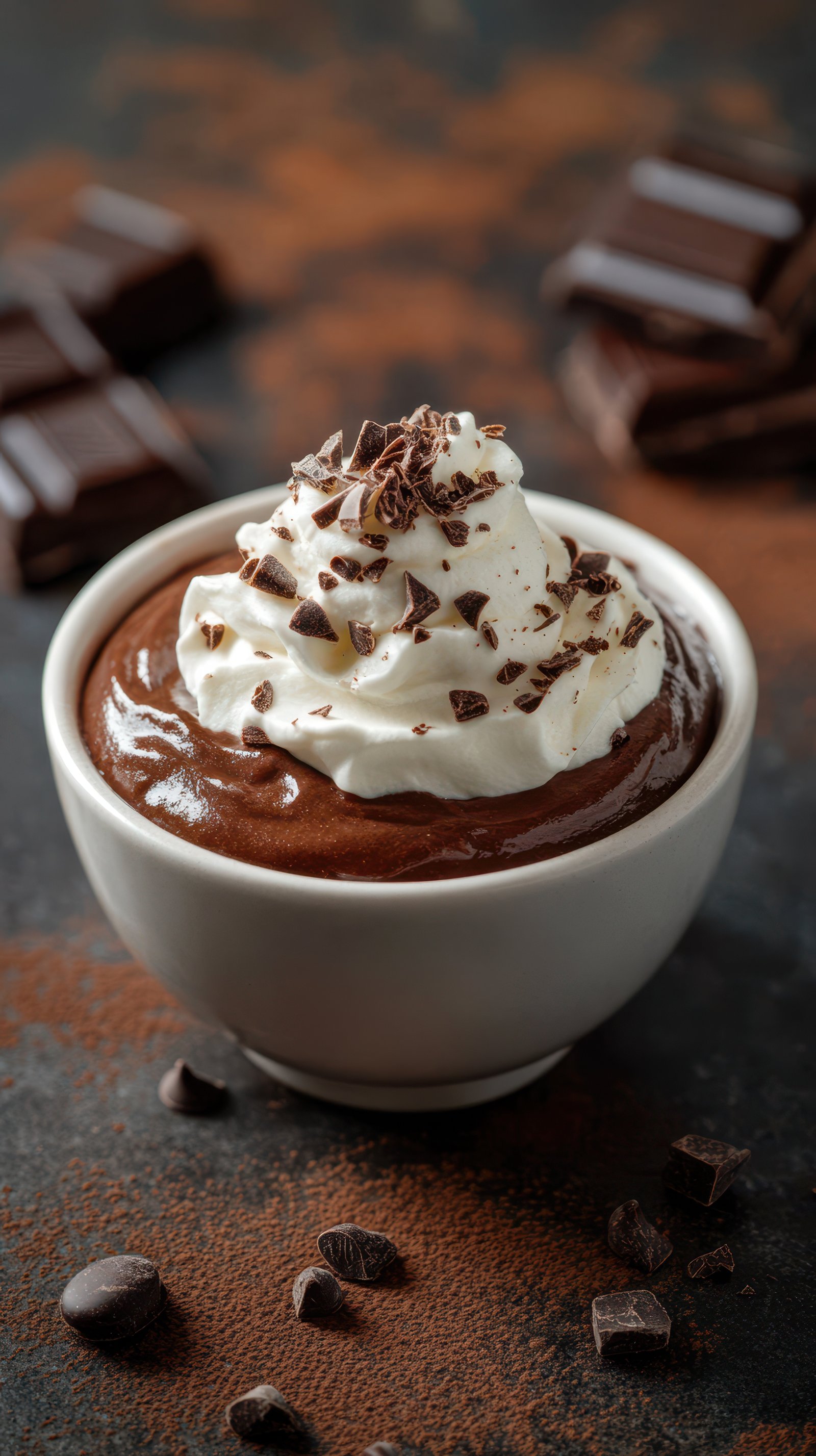 Delicious chocolate mousse topped with whipped cream and chocolate shavings in a simple bowl